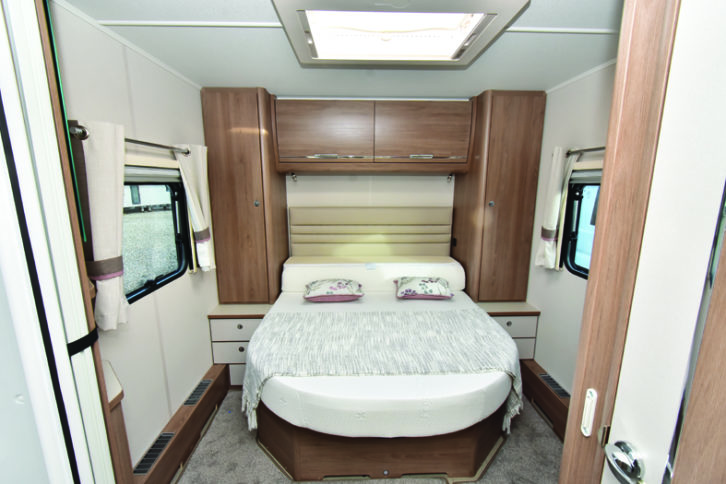 Rear bedroom is a spacious area with a comfortable bed, loads of storage, and a Heki midi roof vent
