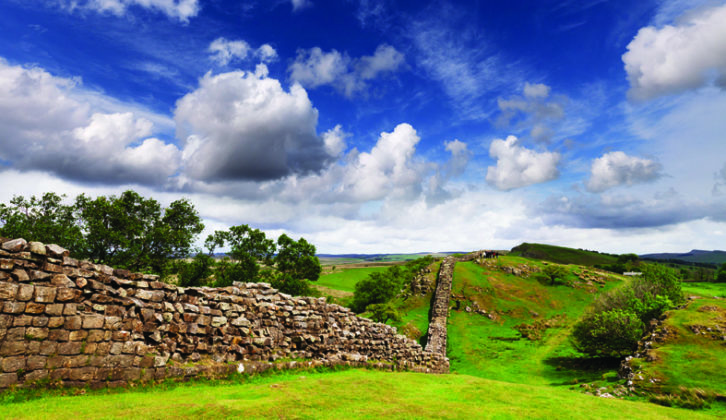 Hadrian's Wall under a dramatic sky at Walltown Crags, Northumberland