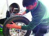 David checks the outer tyre wall for any damage and cracking