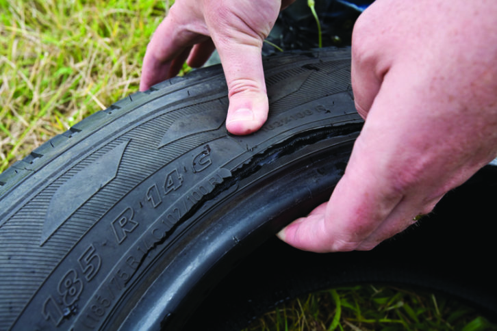 Look for cuts in the tyre sidewall, caused by impact, or anything stuck in the tread