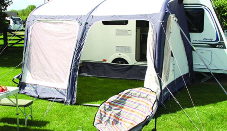 Outdoor Revolution air awning with draught skirt on side of caravan