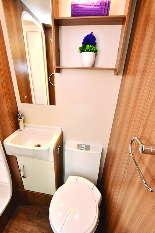 Washroom is well-appointed, with electric flush toilet and lighting above the wall mirror