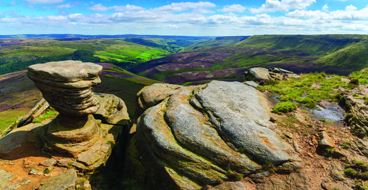 Dramatic rock formations on the northern edge of Kinder Scout in the Peak District national park.