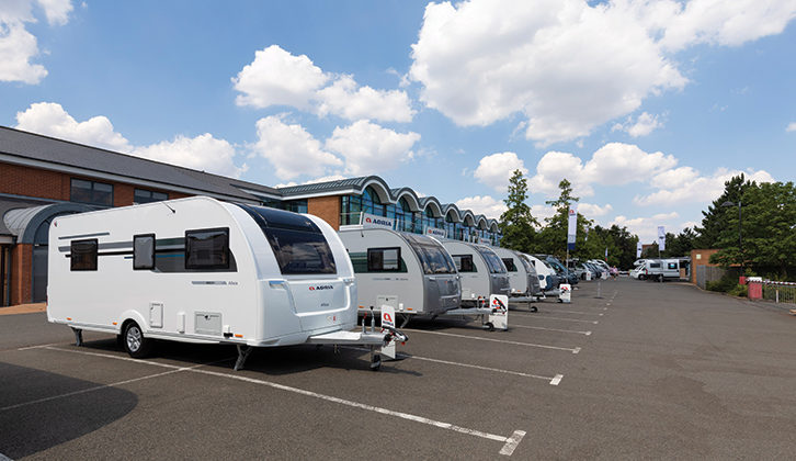 Adria caravans on a dealership forecourt
