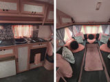 Two photos of the interior of the caravan after its renovation