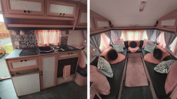 Two photos of the interior of the caravan after its renovation