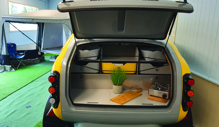 Monocoque shell helps to provide a cosy interior while the 'boot' opens up high enough to offer shelter for the chef