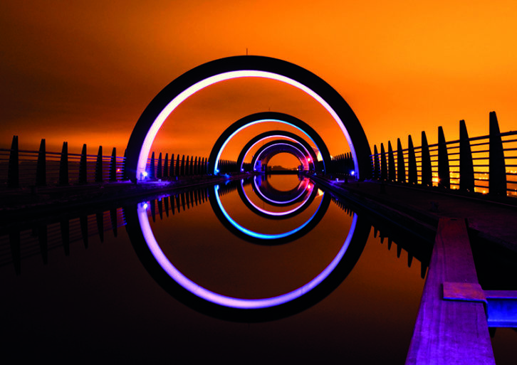 The Falkirk Wheel, a modern engineering marvel which lifts boats between the Forth and Clyde canals and the Union canal