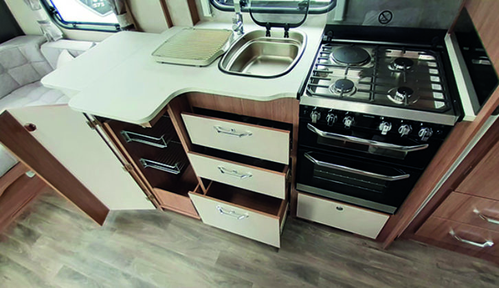 Sink is not huge, but there's a robust drainer and plenty of storage in drawers and lockers