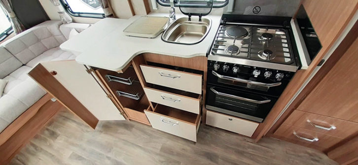 The kitchen area of the Coachman VIP 540 XTRA