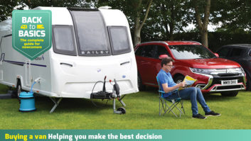 A gentleman sitting on a chair reading, next to a caravan and car