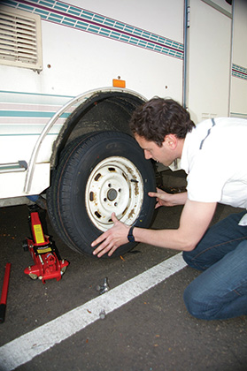 A tyre being checked