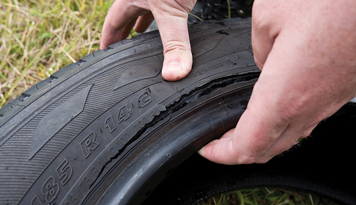 Look for cuts in the tyre sidewall, caused by impact, or anything stuck in the tyre tread