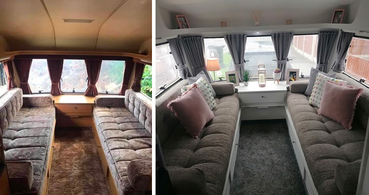 The lounge of the caravan, before and after the renovation