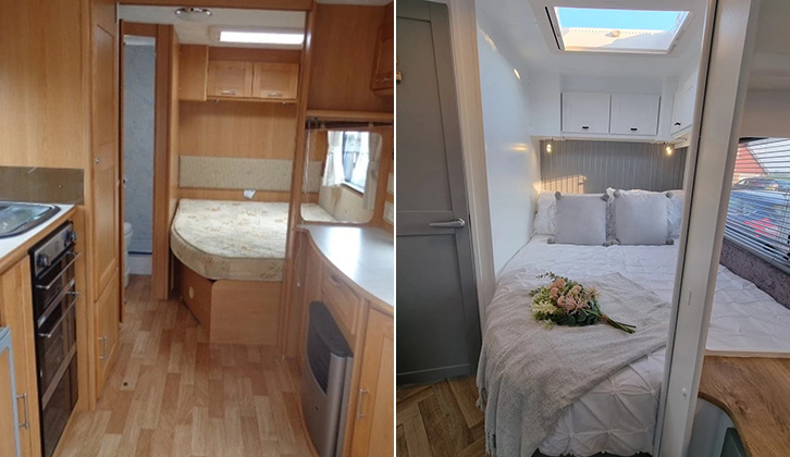 A before and after of the caravan's sleeping area