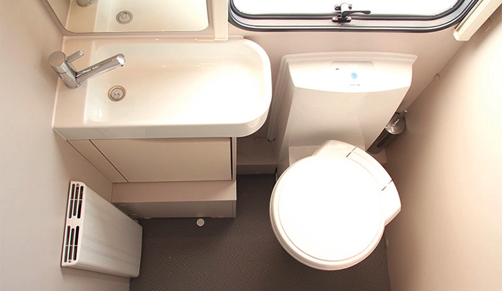 The swivel toilet and basin in the Tiber's bathroom