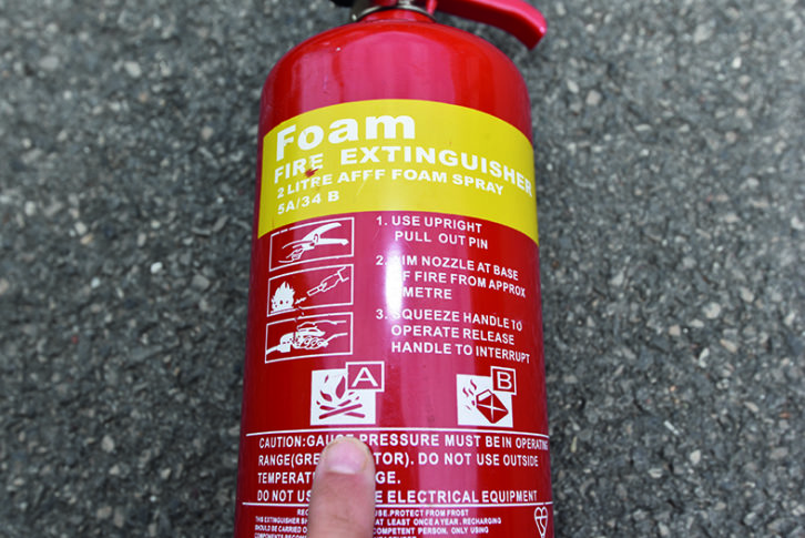 Extinguishers are labelled for the type of fire they tackle: Class A (wood and textiles) and Class B (flammable liquids) for the AFFF type