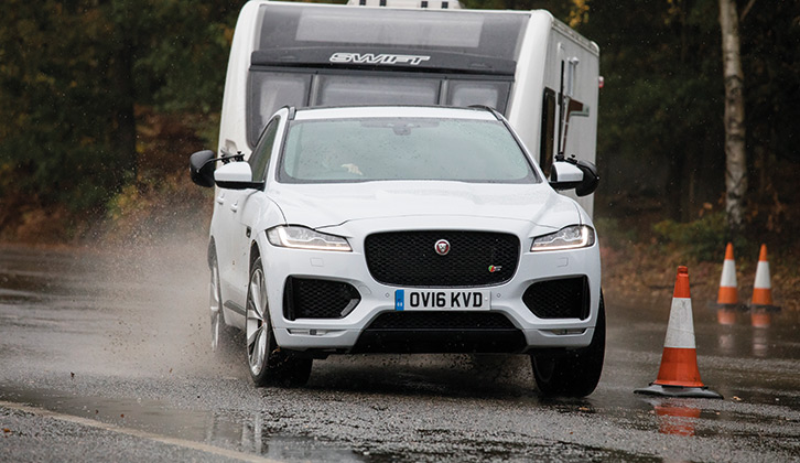 The Jaguar F-Pace towing a caravan