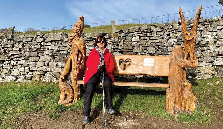 Kay takes in the view at the beautiful carved bench near Hardraw
