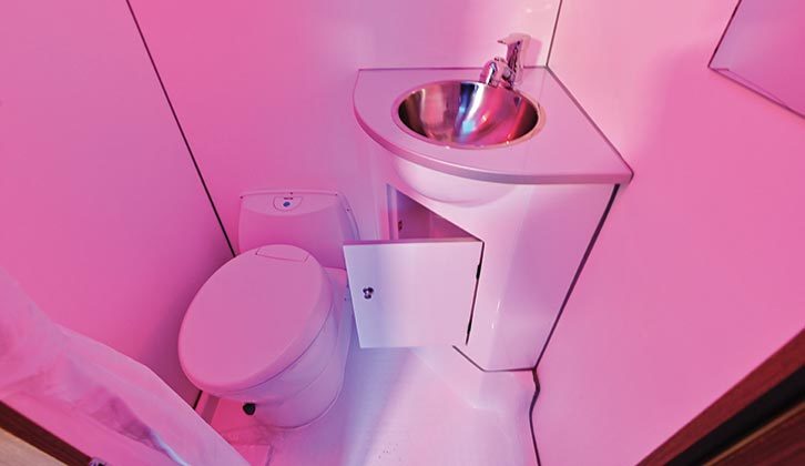The washroom with pink ambient lighting
