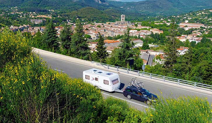 Aerial shot of caravan being towed