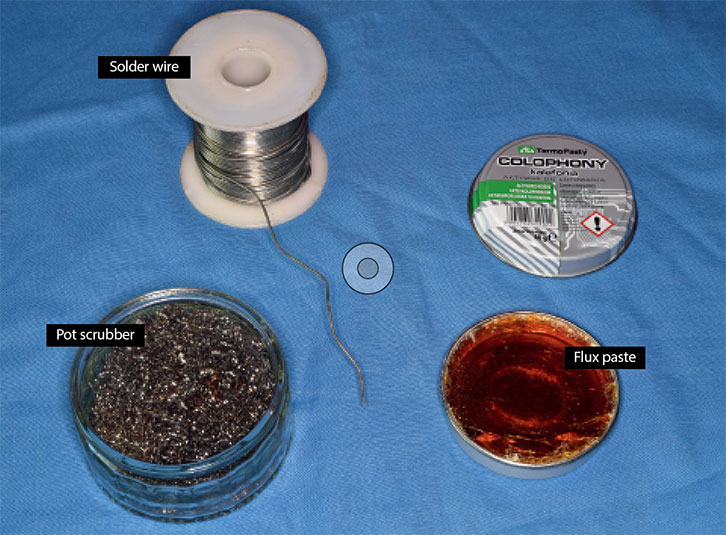 Solder wire, pot scrubber, flux paste