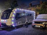 Christmas lights on exterior of caravan