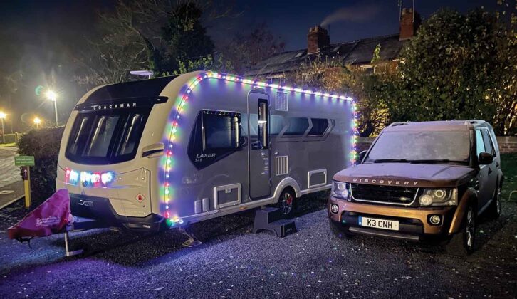 Christmas lights on exterior of caravan