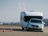 A car towing a caravan during a road test