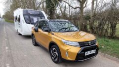 The Vitara Allgrip hitched up to a Swift caravan