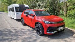 The VW Tiguan 2.0 TSI 265PS R-Line 4Motion hitched up to a caravan