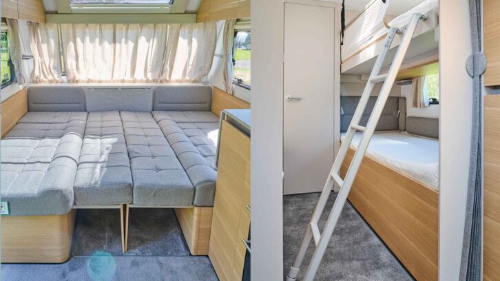 The bed made up in the lounge (l); the fifth bed (r)