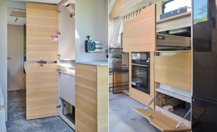 The wardrobe and TV area (l); the kitchen storage (r)