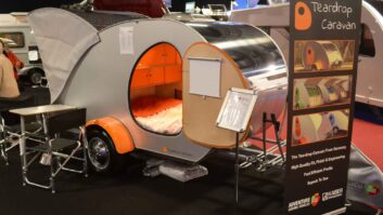 The Teardrop Caravan on the Adventure Leisure Vehicles stand at the 2018 Caravan and Motorhome Show in Manchester