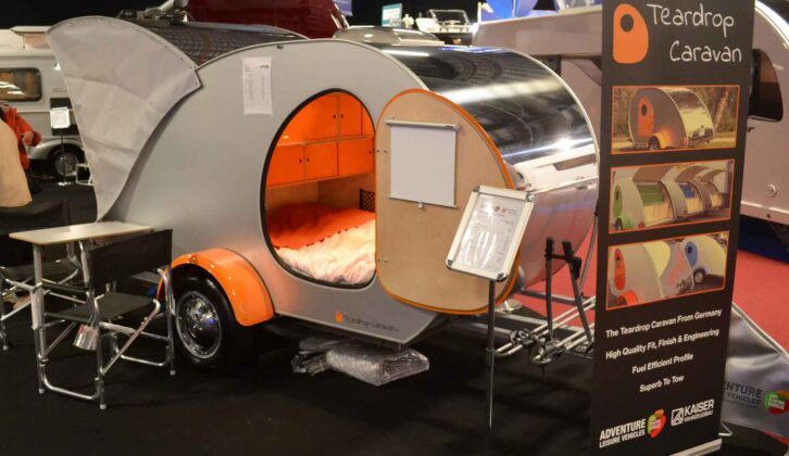 The Teardrop Caravan on the Adventure Leisure Vehicles stand at the 2018 Caravan and Motorhome Show in Manchester