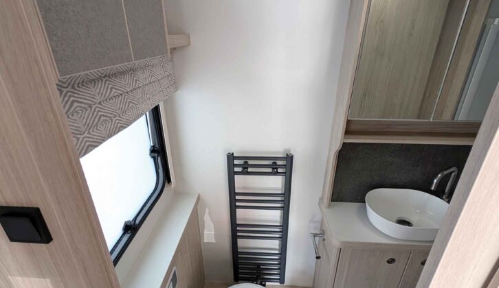 The ladder radiator, toilet and salad-bowl-style handbasin in the washroom