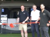 Liam from Telta Awnings, Bob Evans (Director at Grantham’s), and Ben Duffin-Rose (Accessory Shop Manager) opening the showroom