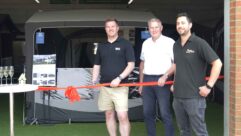 Liam from Telta Awnings, Bob Evans (Director at Grantham’s), and Ben Duffin-Rose (Accessory Shop Manager) opening the showroom