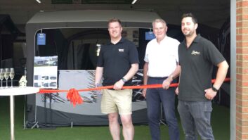 Liam from Telta Awnings, Bob Evans (Director at Grantham’s), and Ben Duffin-Rose (Accessory Shop Manager) opening the showroom