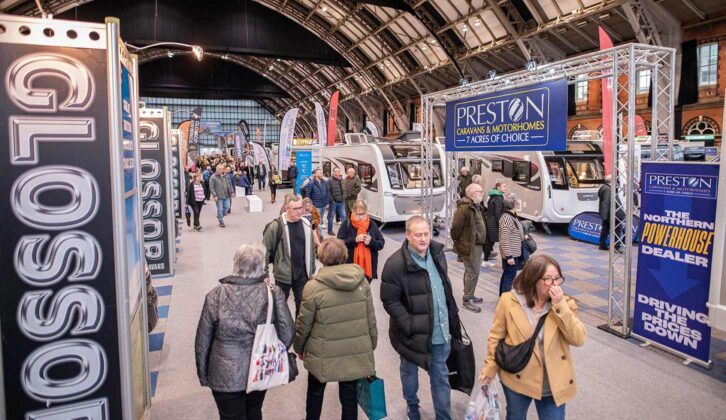 Crowds walking past the Glossop and Preston Caravans stands