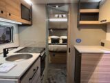 The kitchen and rear island bed in the Bailey Phoenix Black Edition 640