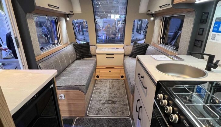 The front lounge in the Bailey Phoenix Black Edition 640