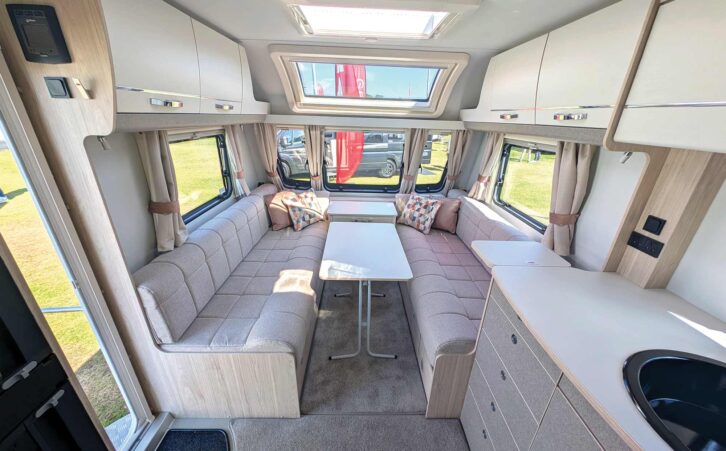 The lounge in the 868, with the foldaway table set up