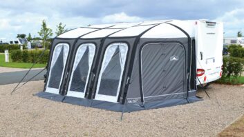 A caravan with an awning erected