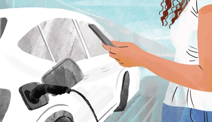 A graphic of a car being charged while a woman stands nearby on her phone