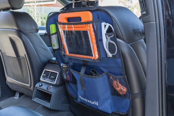 The rear seat of a car with a Handiworld seat organiser