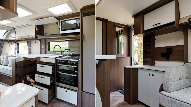 The kitchen (left) and the 'hallway' space (right)