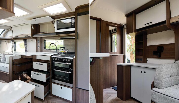 The kitchen (left) and the 'hallway' space (right)