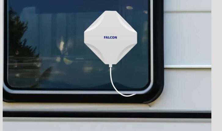 An installed Falcon antenna in a window