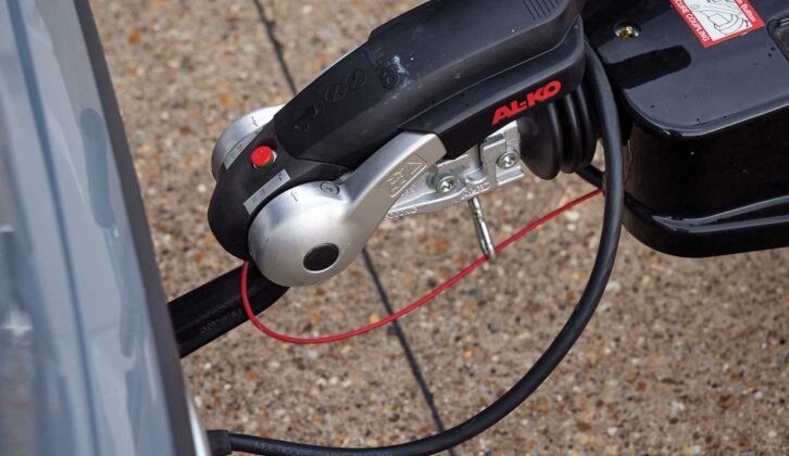 The Al-Ko tow hitch with stabiliser handle pressed down and active